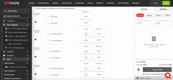 BetOnline sportsbook showing Sanderson Farms Championship golf betting odds and spreads – does BetOnline accept Google Pay for deposits?