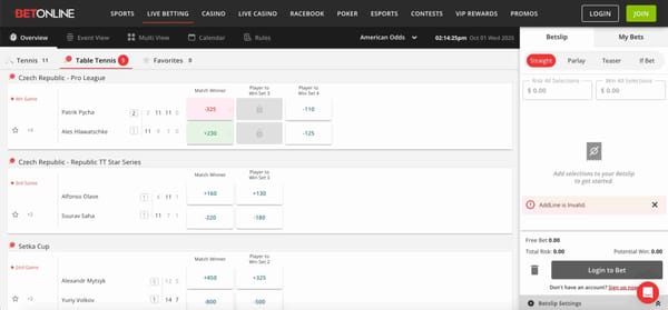 BetOnline table tennis live betting screen with odds and betslip options, tied to what is the maximum withdrawal from BetOnline.