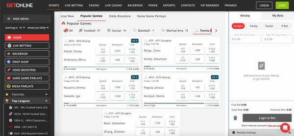 BetOnline sportsbook showing tennis betting odds and markets, including spreads, moneylines, and totals.
