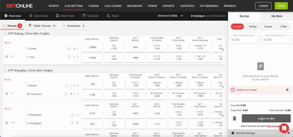 Live tennis betting odds on BetOnline with match details, relevant for Neteller deposit users in Bangladesh