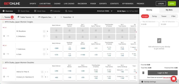 BetOnline tennis live betting odds screen showing WTA Osaka matches and bet options during a match — example of BetOnline Interac deposit problem article.