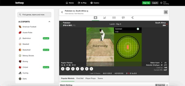Live cricket score on Betway showing Pakistan vs South Africa Test Match with player stats and field view, related to Betway enhanced verification and in-play betting.