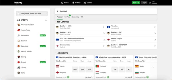 Betway football betting page showing World Cup 2026 qualifiers and upcoming matches — will Betway come back to Ghana?