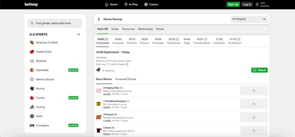 Betway horse racing section showing live Hyderabad race and betting options – part of understanding what is the maximum withdrawal from Betway.