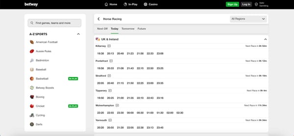 Betway horse racing schedule showing UK and Ireland race times for today — guide for beginners asking Betway what does each way mean.
