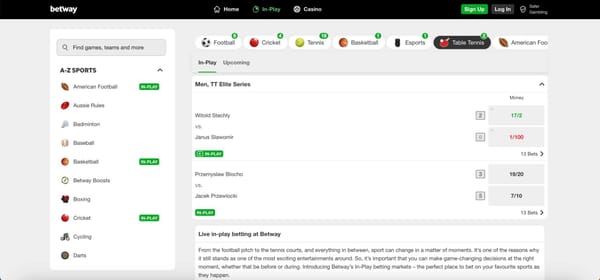 Betway in-play betting page showing table tennis matches and live odds, illustrating that Betway is available in Nigeria.