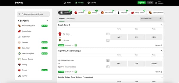 Screenshot of Betway sports betting homepage showing in-play football matches and betting odds, relevant for users asking does Betway accept Mpesa.