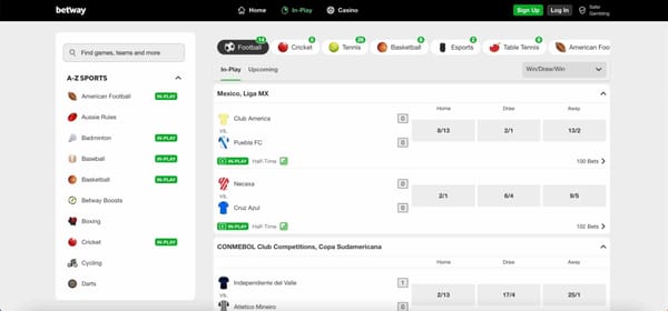 Betway football in-play betting screen showing Liga MX full time result odds and match options.