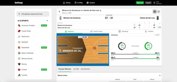 Betway live basketball betting screen showing Mineros de Zacatecas vs Santos de San Luis with in-play statistics and score updates.
