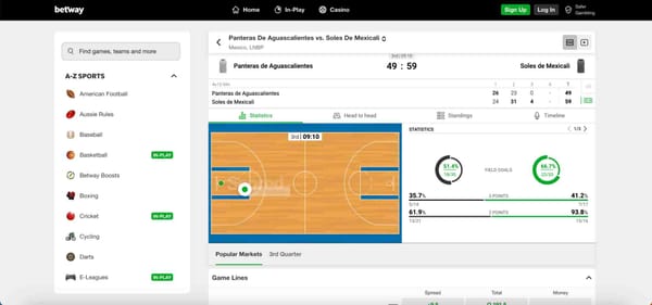 Betway live basketball stats for Panteras vs Soles showing field goal percentages, related to Betway arbitrage betting.