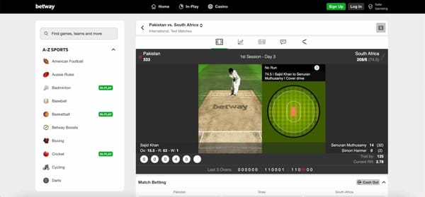 Live cricket match screen on Betway showing Pakistan vs South Africa score during in-play betting.