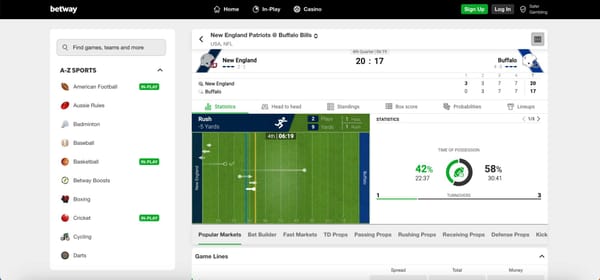 Betway live betting screen showing New England Patriots vs Buffalo Bills NFL game during fourth quarter on the Betway sports platform.