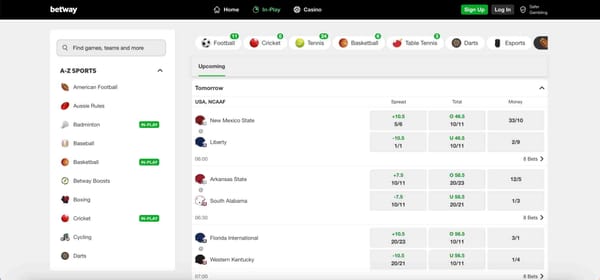Betway betting dashboard showing upcoming NCAAF games and betting odds, useful for users asking why they can’t cash out on Betway.