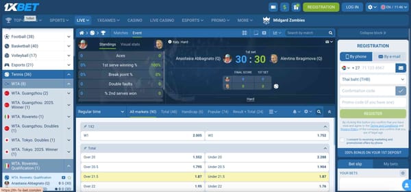 Live tennis match betting screen on 1xBet showing Anastasia Abbagnato vs Alevtina Ibragimova, example for how much you can put on 1xBet super boost.