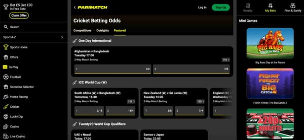Parimatch betting page showing cricket odds and offers for matches in New Zealand, relevant to how long Parimatch withdrawal takes NZ.