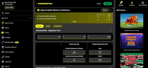 Parimatch live betting page showing eSports Battle Western Conference match between Florida Panthers and Carolina Hurricanes.