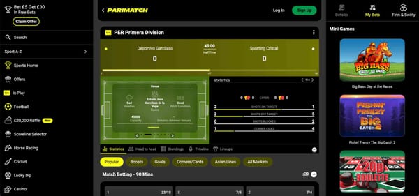 Live football match interface on Parimatch showing Deportivo Garcilaso vs Sporting Cristal, part of the Parimatch Paytm deposit India betting platform.