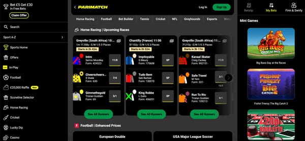 Parimatch horse racing page showing upcoming Greyville and Chantilly races, with betting odds and runner details — example for why a Parimatch account might be banned.