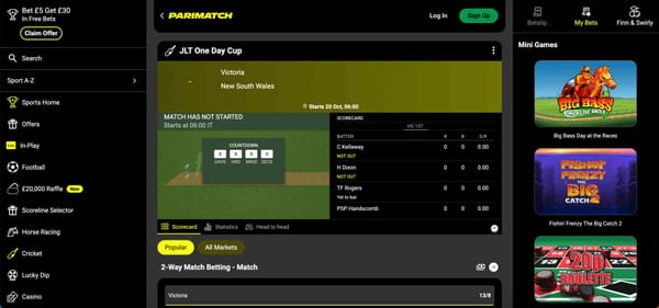 Parimatch cricket betting screen showing JLT One Day Cup odds and scorecard interface — does Parimatch require KYC for users?