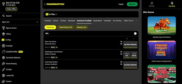 Parimatch live betting dashboard showing NFL game odds and markets – helpful for users checking Parimatch withdrawal pending for more than 24 hours.
