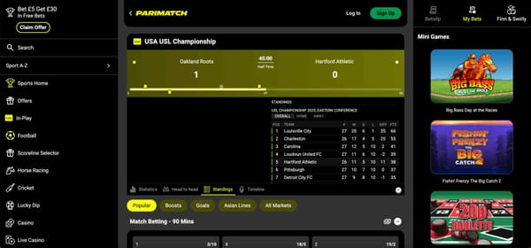 Parimatch live betting screen showing USA USL Championship match and standings
