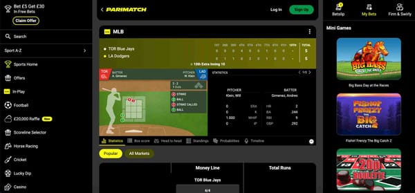 Live MLB match screen on Parimatch website showing Toronto Blue Jays vs LA Dodgers during extra innings, part of user experience before Parimatch account verification.
