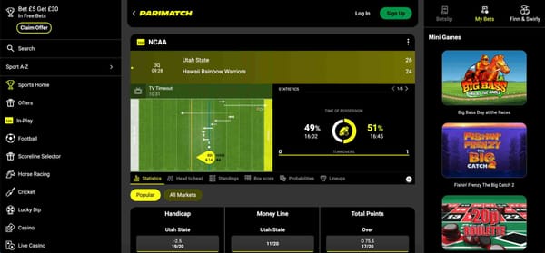 Parimatch live NCAA game screen showing Utah State vs Hawaii Rainbow Warriors with betting odds and statistics, related to Parimatch Interac deposit problem article.