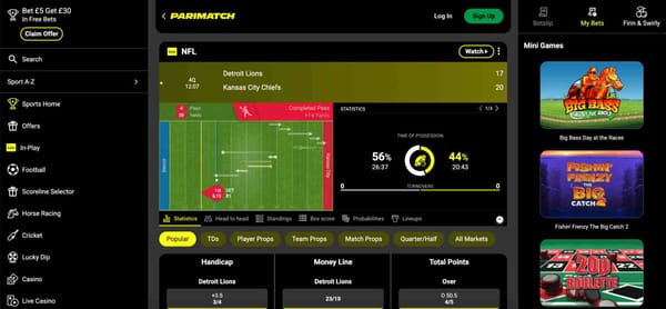 Live NFL betting screen on Parimatch showing Detroit Lions vs Kansas City Chiefs, part of a guide on what happens if a player doesn't start Parimatch.