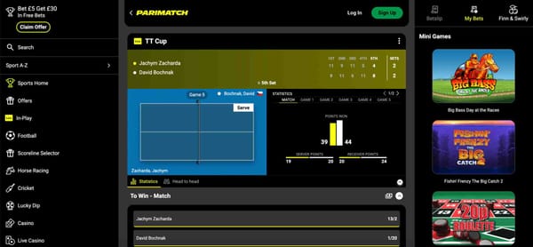 Parimatch live table tennis match display showing TT Cup stats and betting odds, related to Parimatch Venmo withdrawal time.