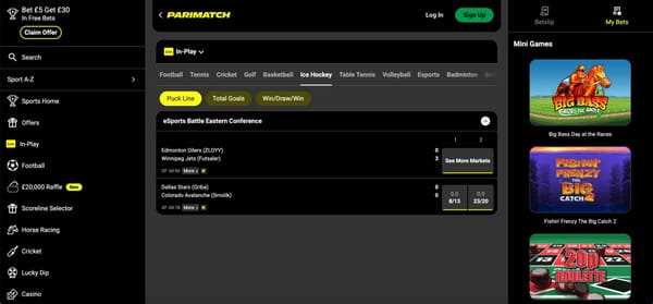 Parimatch mobile interface showing live ice hockey betting and esports options in Rwanda