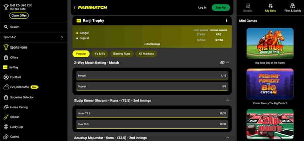 Live cricket betting odds for the Ranji Trophy on Parimatch showing Bengal vs Gujarat match details and markets.