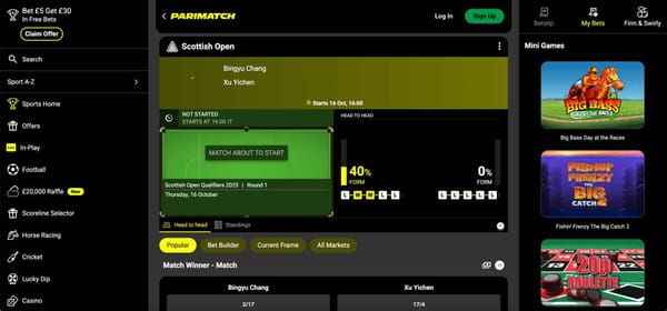 Parimatch interface showing Scottish Open snooker betting options and player odds in South Africa.