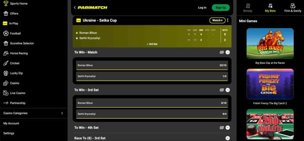 Live Parimatch Ukraine Setka Cup betting screen showing match odds for Roman Bihun vs Serhii Kryvoshyi, useful for understanding Parimatch wire transfer withdrawal time in Canada context.