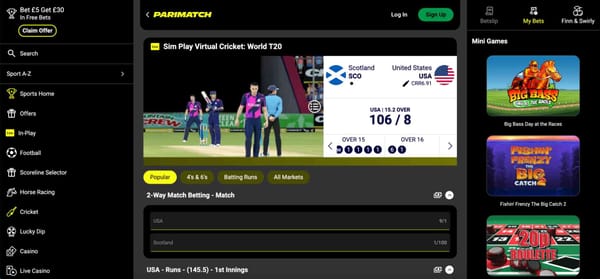 Live virtual cricket match between Scotland and USA on Parimatch showing live betting odds and match details, related to what happens if a cricket match is tied in Parimatch.
