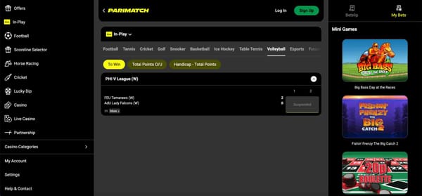 Parimatch live volleyball betting screen showing FEU Tamaraws vs AdU Lady Falcons – guide for users in Pakistan on Parimatch bank withdrawal.