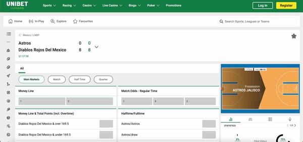 Live basketball scores and betting markets on Unibet for Astros vs Diablos Rojos Del Mexico – example of Unibet interface for players in India using Paytm deposit.