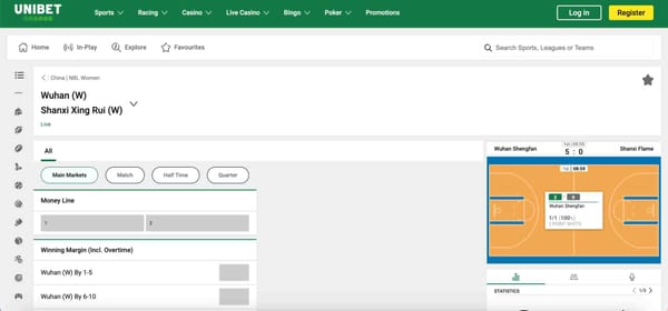 Unibet live basketball betting page showing Wuhan vs Shanxi Xing Rui match — example for understanding what happens if a bet is void on Unibet.