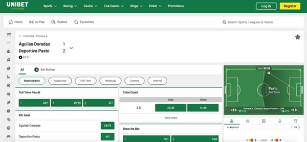 Unibet live betting screen showing Águilas Doradas vs Deportivo Pasto in Colombia Primera A, an example of Unibet mobile money Rwanda betting interface.