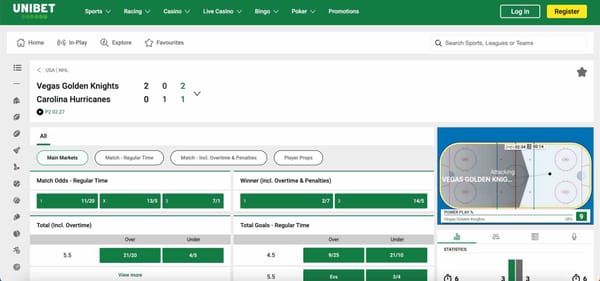 Live Unibet betting screen showing Vegas Golden Knights vs Carolina Hurricanes NHL game in progress.