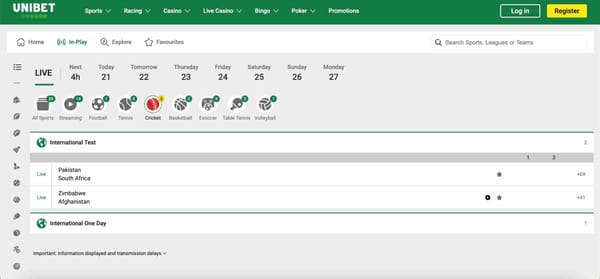 Unibet live cricket betting page showing Pakistan vs South Africa and Zimbabwe vs Afghanistan matches – explaining Unibet does return include stake topic.