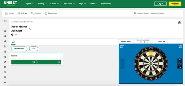 Unibet live darts betting screen showing Jason Heaver vs Joe Croft match odds, displaying how users can place bets and check markets.