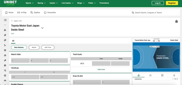 Unibet live handball betting page showing Toyota Motor East Japan vs Daido Steel match, part of research on does Unibet accept Chime.