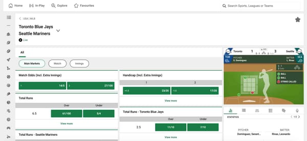 Live MLB betting odds for Toronto Blue Jays vs Seattle Mariners on Unibet, showing in-play markets and live match updates related to Unibet Venmo withdrawal time article.