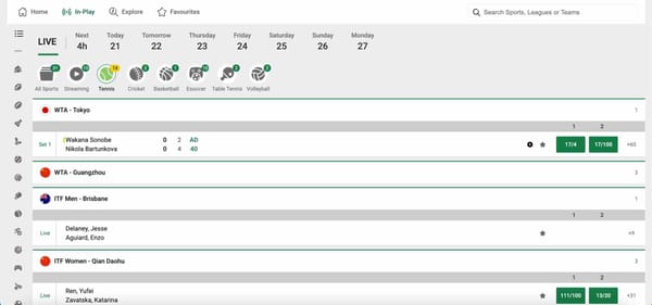 Live tennis scores displayed on Unibet showing WTA Tokyo match between Wakana Sonobe and Nikola Bartunkova — example from Unibet Australia site.