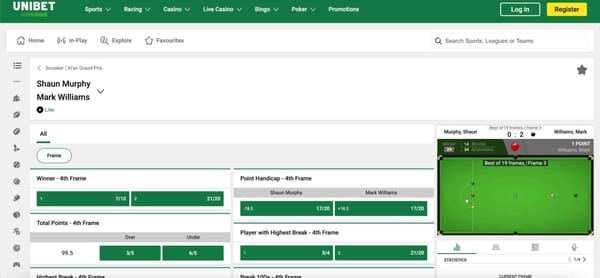 Unibet live betting screen showing Shaun Murphy vs Mark Williams snooker odds and frame markets — example of betting limits related to how much you can put on Unibet super boost.